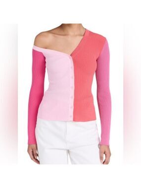 STAUD color block ribbed off the shoulder pink peach lilac sweater size large